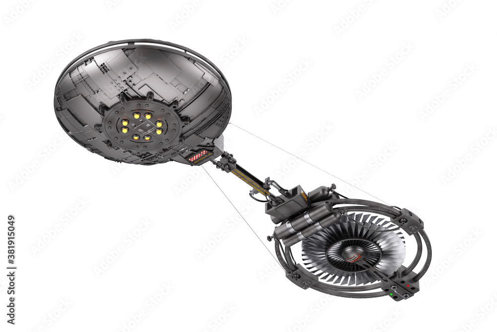 Poster spaceship, space station or alien ufo spacecraft in flight. 3d rendering