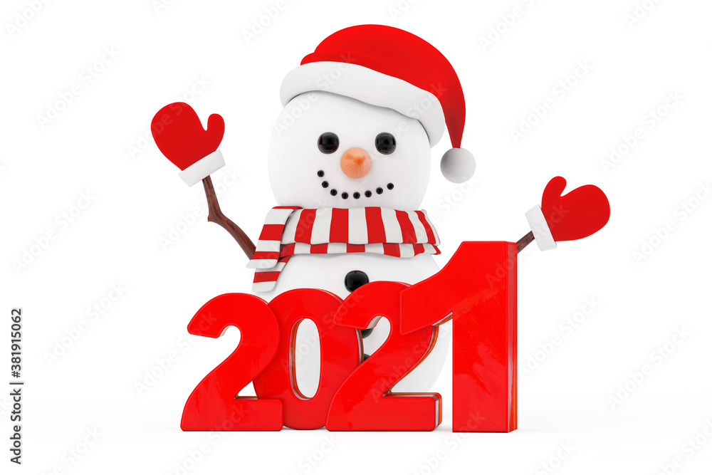 Aufkleber Snowman in Santa Claus Hat Character Mascot with New Year 2021 Sign. 3d Rendering
