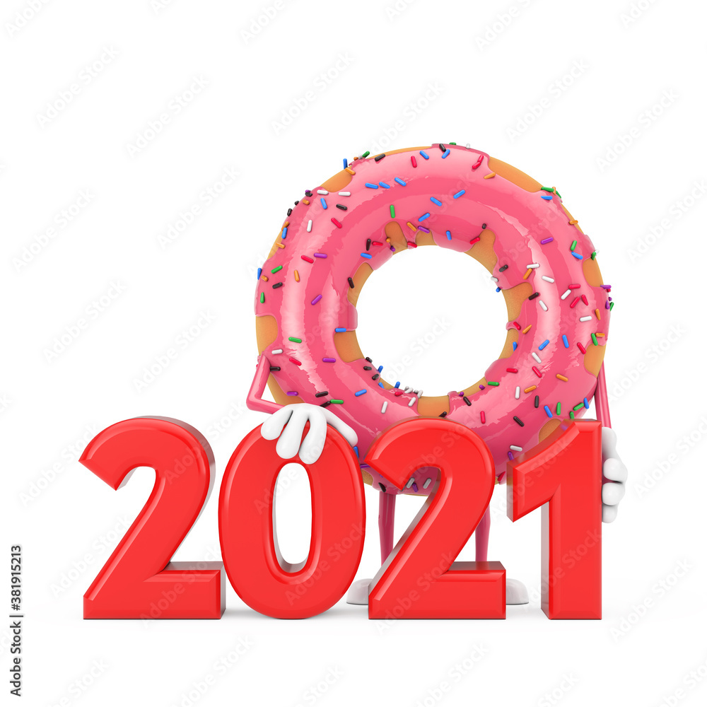 Poster Big Strawberry Pink Glazed Donut Character Mascot with Red 2021 New Year Sign. 3d Rendering