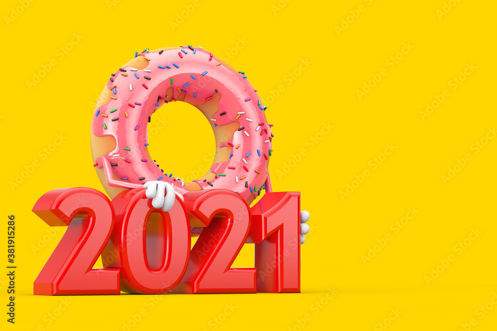Poster big strawberry pink glazed donut character mascot with red 2021 new year sign. 3d rendering
