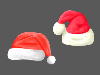 Santa Claus red hat isolated on gray background.Christmas, New Year, celebration. Warm hat for winter. Clothes. Carnival decoration.