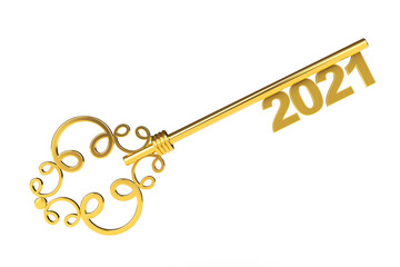 Golden Vintage Key with 2021 year Sign. 3d Rendering