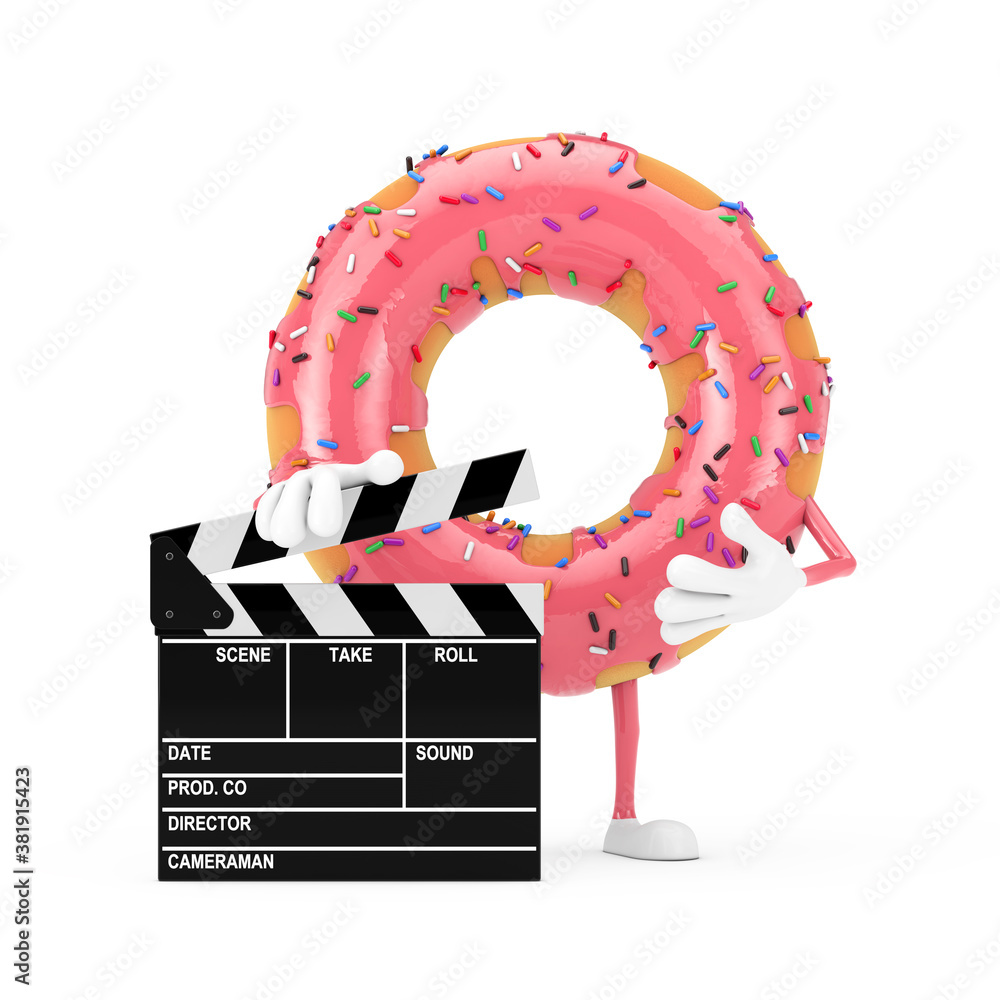 Poster big strawberry pink glazed donut character mascot with movie clapper board. 3d rendering