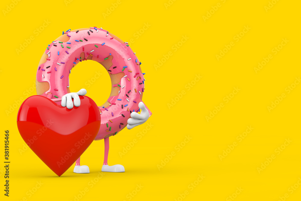 Aufkleber big strawberry pink glazed donut character mascot with red heart. 3d rendering