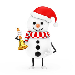 Snowman in Santa Claus Hat Character Mascot with Vintage Golden School Bell. 3d Rendering