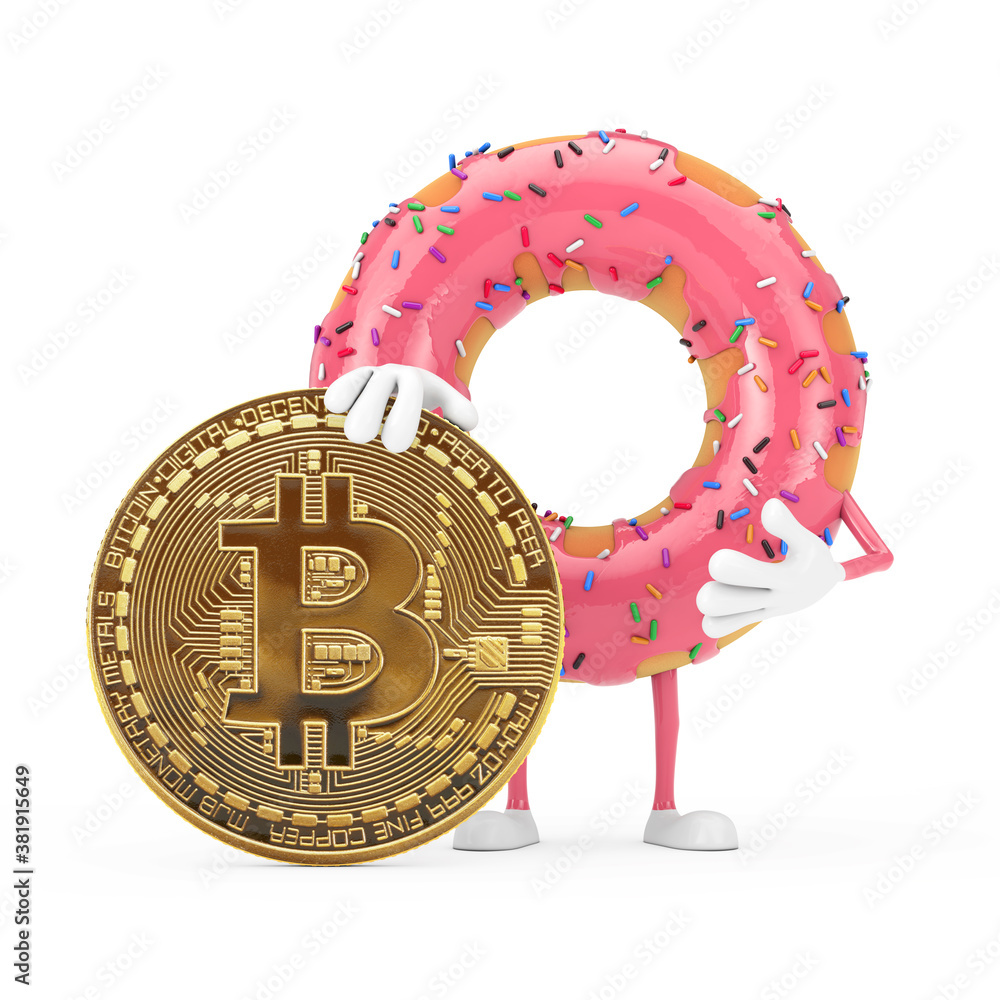 Poster big strawberry pink glazed donut character mascot with digital and cryptocurrency golden bitcoin coi