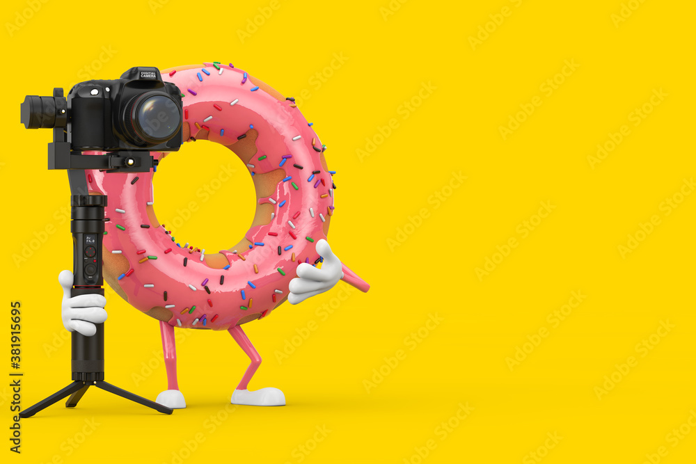 Aufkleber big strawberry pink glazed donut character mascot with dslr or video camera gimbal stabilization tri
