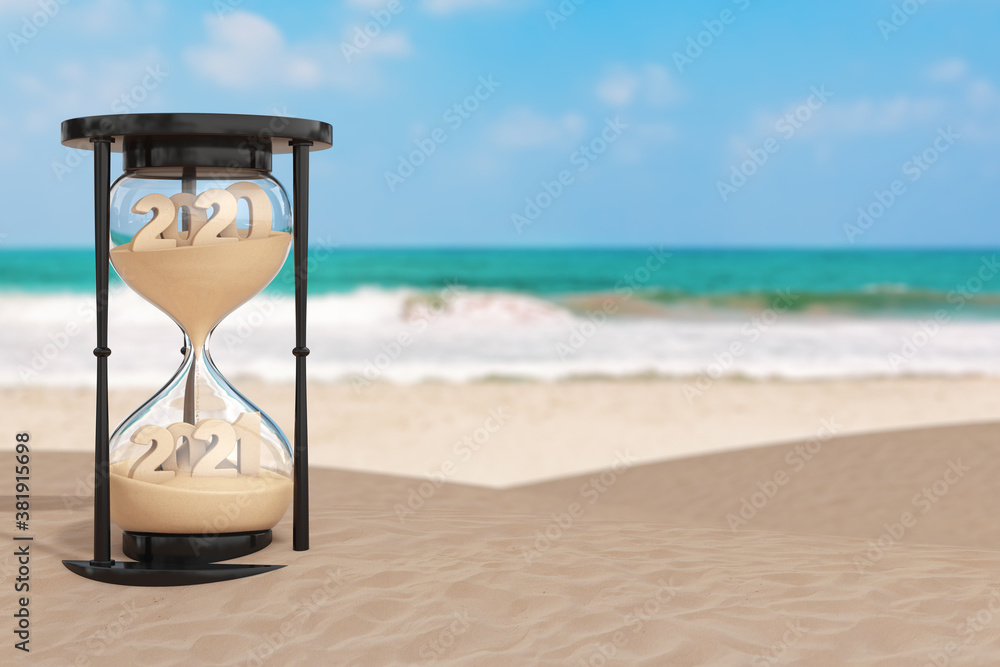 Poster 2021 new year vacation concept. sand falling in hourglass taking the shape from 2020 to 2021 year on