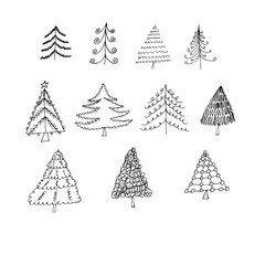 Set of different Christmas trees. Black lines on a white background.
