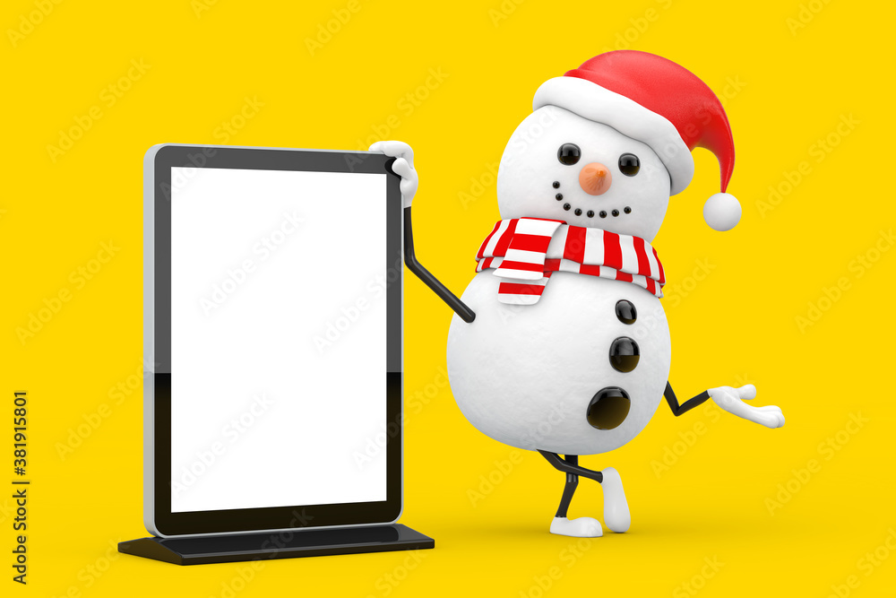 Aufkleber Snowman in Santa Claus Hat Character Mascot with Blank Trade Show LCD Screen Stand as Template for Your Design. 3d Rendering