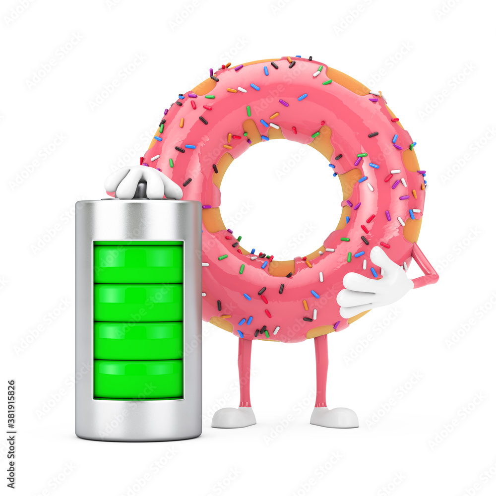 Poster big strawberry pink glazed donut character mascot with abstract charging battery. 3d rendering