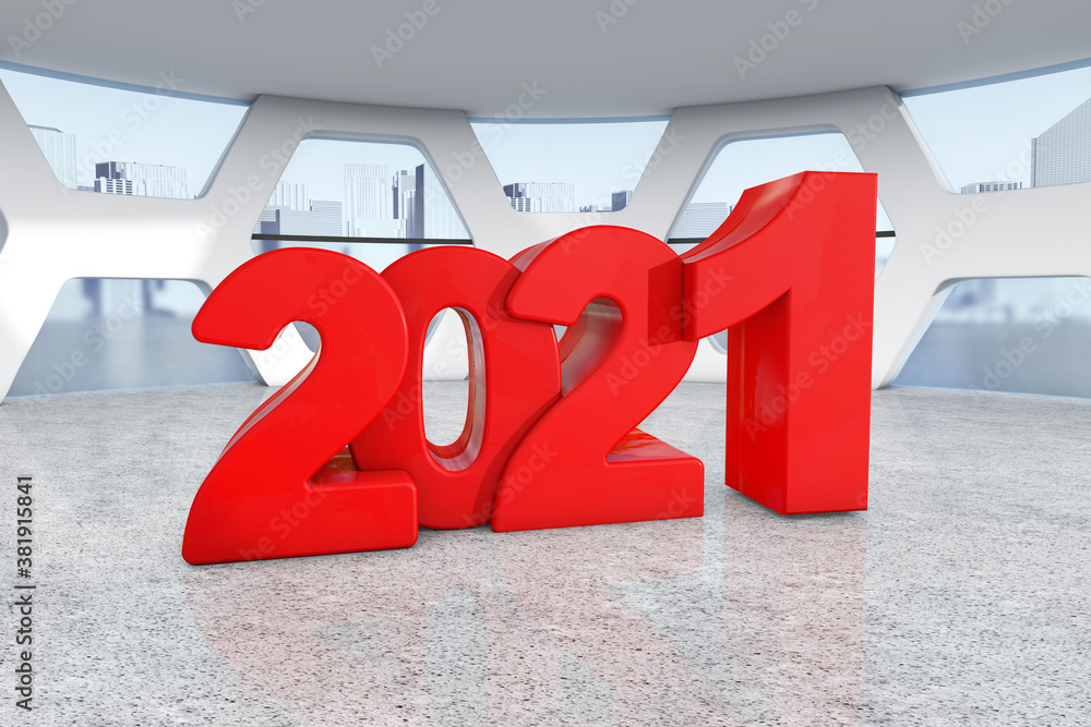 Poster red new 2021 year sign in abstract bright office meeting room. 3d rendering
