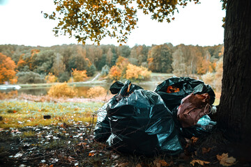 Garbage bags in the autumn forest by the lake. Garbage collection in nature. The problem of...