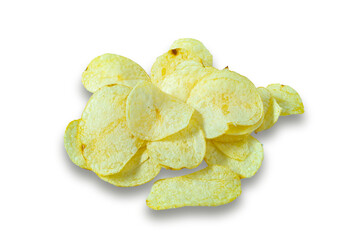 Close-up of salted potato chips or crispy salted chips on a table with a white background isolated with clipping paths