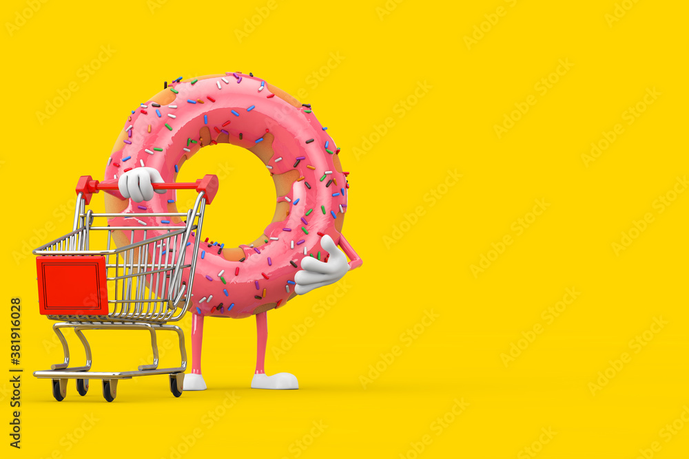 Poster big strawberry pink glazed donut character mascot with shopping cart trolley. 3d rendering