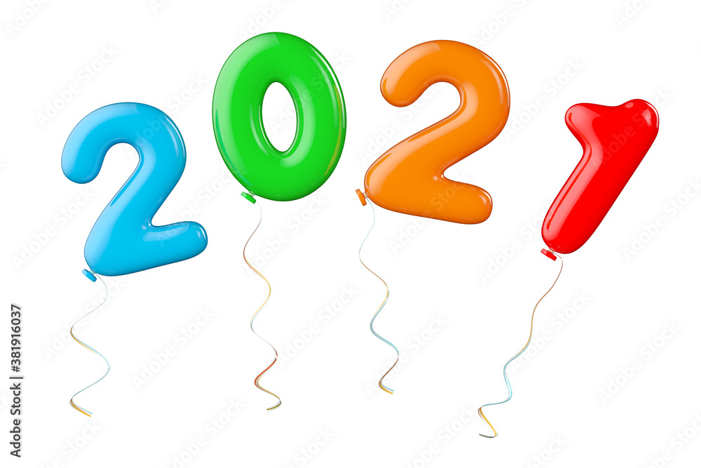 Aufkleber Multicolour Balloons as 2021 New Year Sign. 3d Rendering