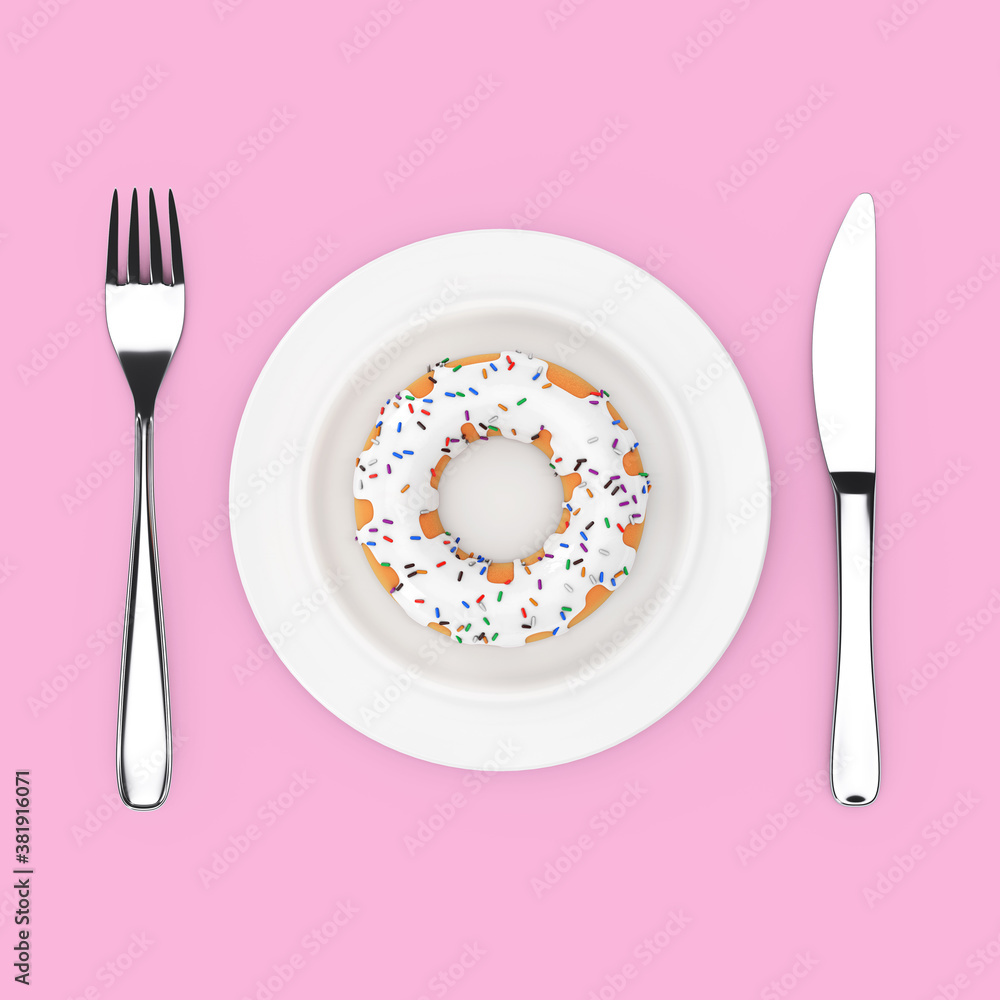 Aufkleber fork and knife near plate with big white chocolate glazed donut with color sprinkles, top view. 3d r