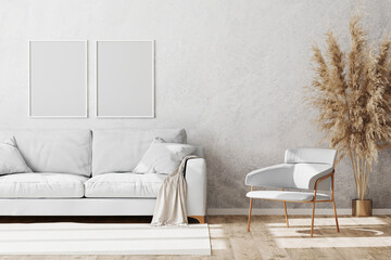 Blank white vertical frames mock up in Light coloured minimalistic living room interior with white and gold sofa and armchair with decorative plaster wall and wooden parquet floor, 3d render