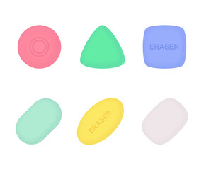 Erasers of various shapes and colors with texture. Flat vector illustration isolated on white background