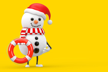 Snowman in Santa Claus Hat Character Mascot with Life Buoy. 3d Rendering
