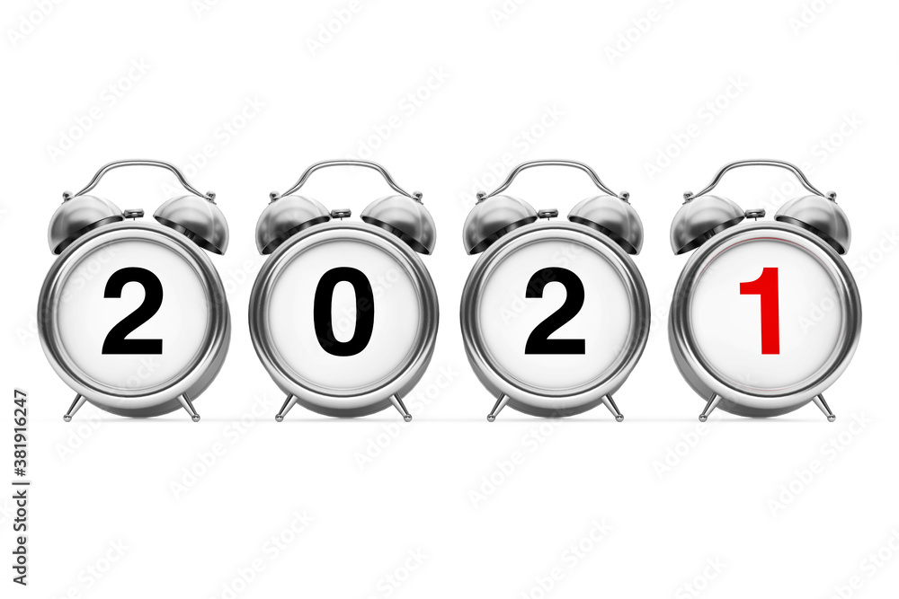 Poster new year and merry christmas concept. alarm clock with 2021 new year sign. 3d rendering