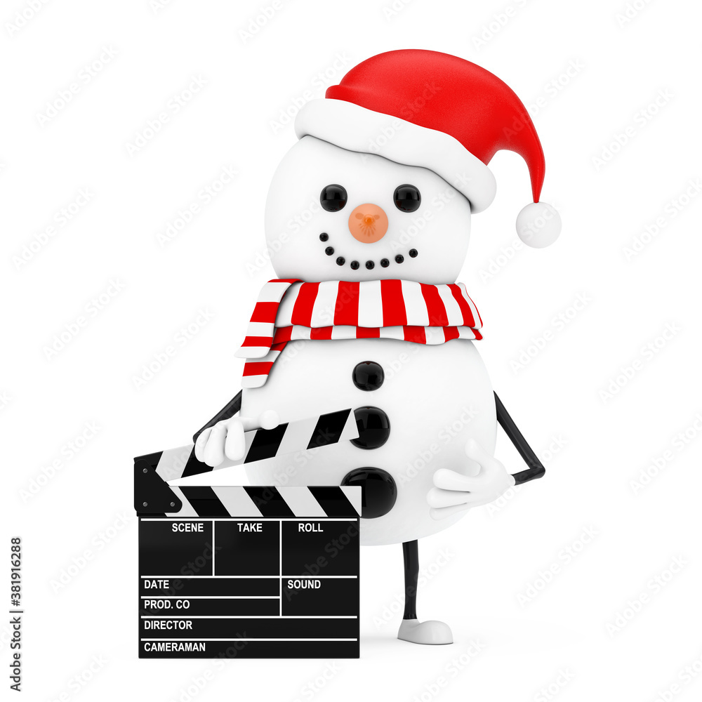 Poster Snowman in Santa Claus Hat Character Mascot with Novie Clapper Board. 3d Rendering
