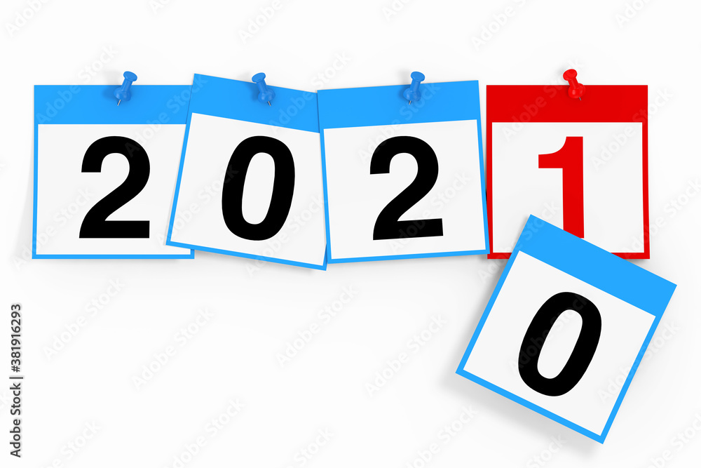 Aufkleber New 2021 Year Start Concept. Calendar Sheets with 2021 New Year Sign. 3d Rendering