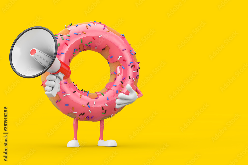 Poster big strawberry pink glazed donut character mascot with red retro megaphone. 3d rendering