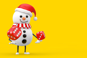 Snowman in Santa Claus Hat Character Mascot with Red Game Dice Cubes in Flight. 3d Rendering