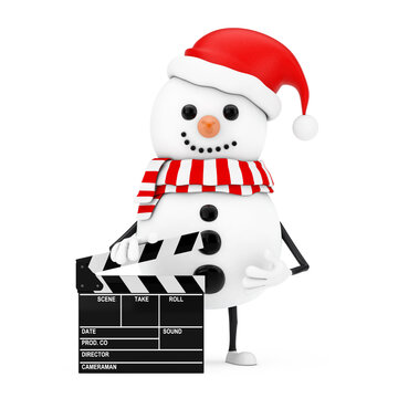 Snowman in Santa Claus Hat Character Mascot with Novie Clapper Board. 3d Rendering