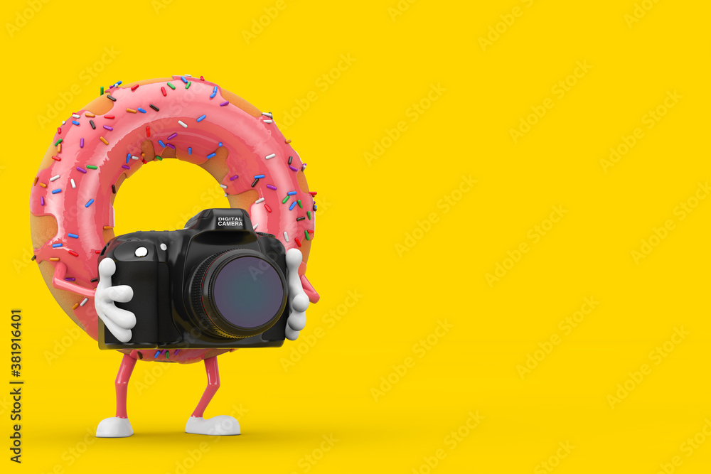 Poster big strawberry pink glazed donut character mascot with modern digital photo camera. 3d rendering