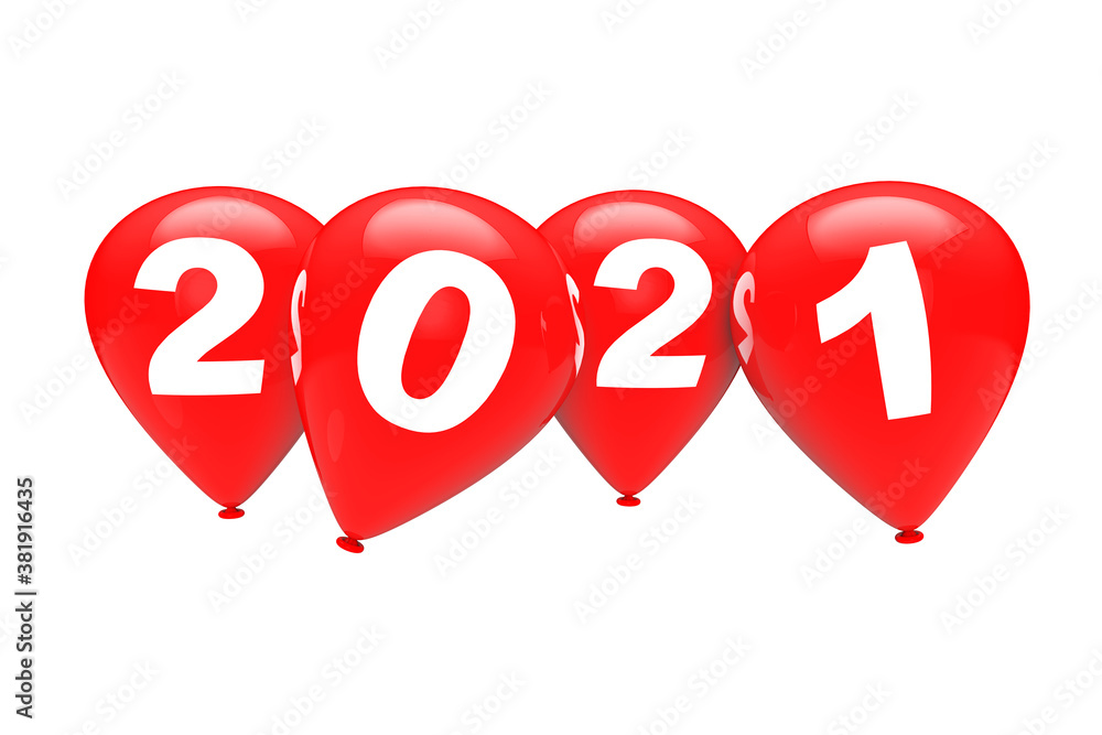 Aufkleber new year concept. red christmas balloons with 2021 sign. 3d rendering