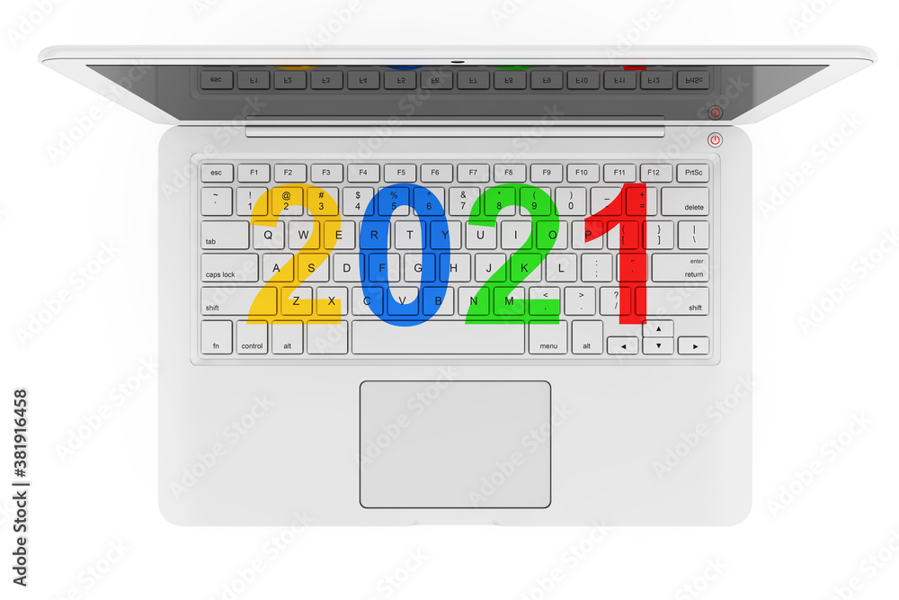 Poster white laptop with 2021 new year sign. 3d rendering