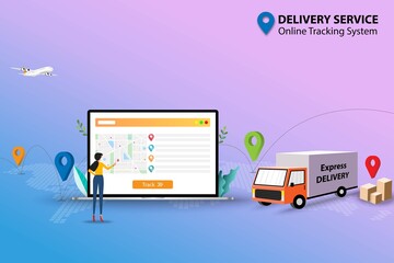 Concept of delivery service with online tracking system, business women is working on the screen of laptop that display contain map and GPS to track and check the shipment to deliver the goods on time