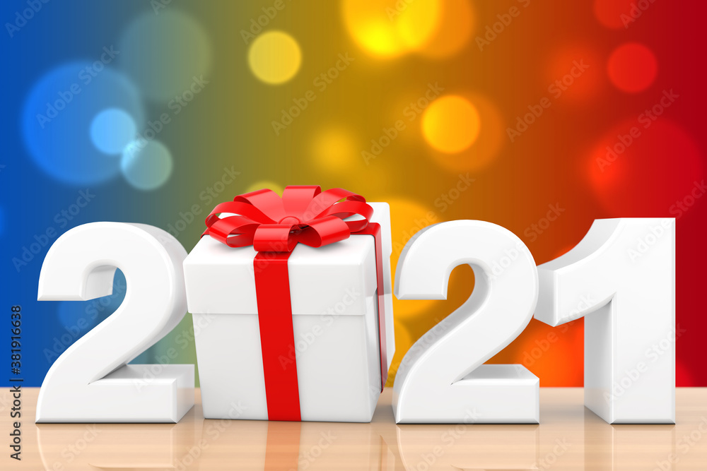 Poster 2021 new year sign with gift box and red ribbon. 3d rendering