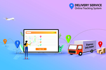 Concept of delivery service with online tracking system, business women is working on the screen of laptop that display contain map and GPS to track and check the shipment to deliver the goods on time