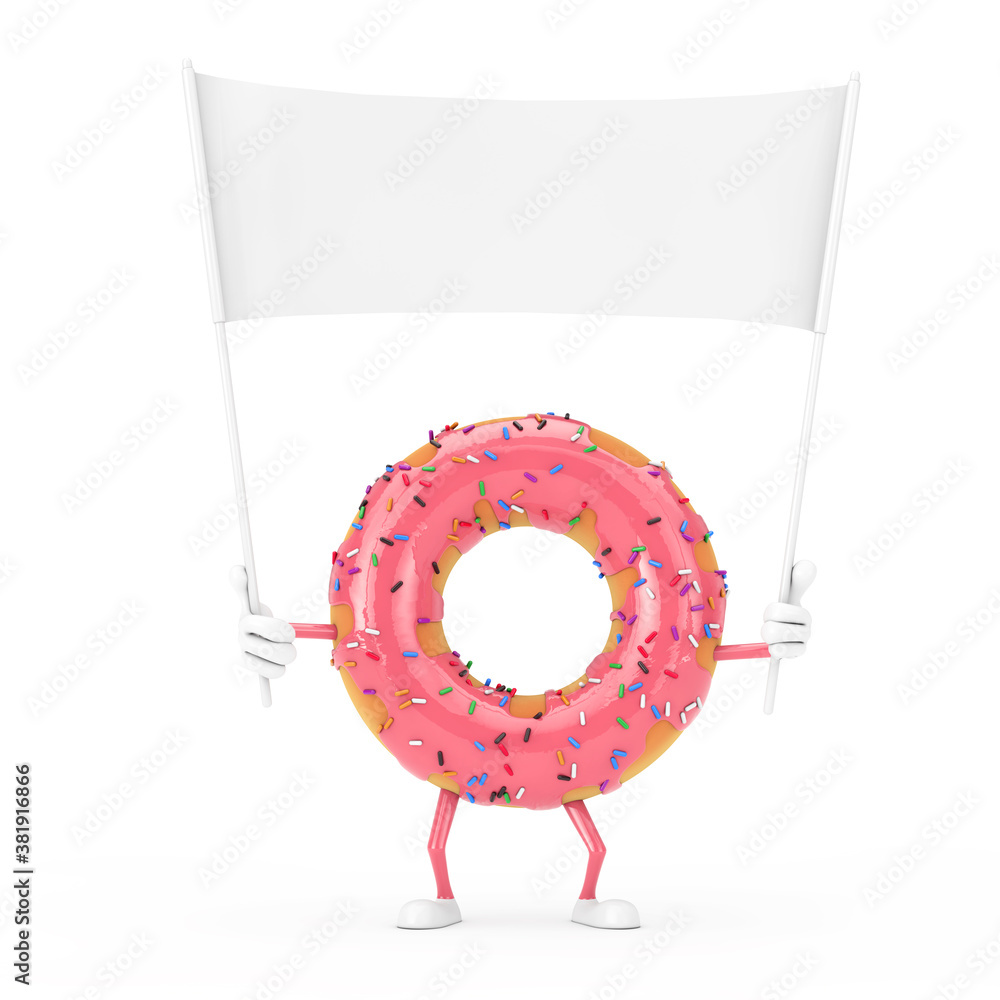 Aufkleber big strawberry pink glazed donut character mascot and empty white blank banner with free space for y