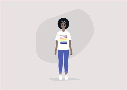 Young black character wearing a t-shirt with an LGBTQ flag with brown and black stripes, BIPOC community