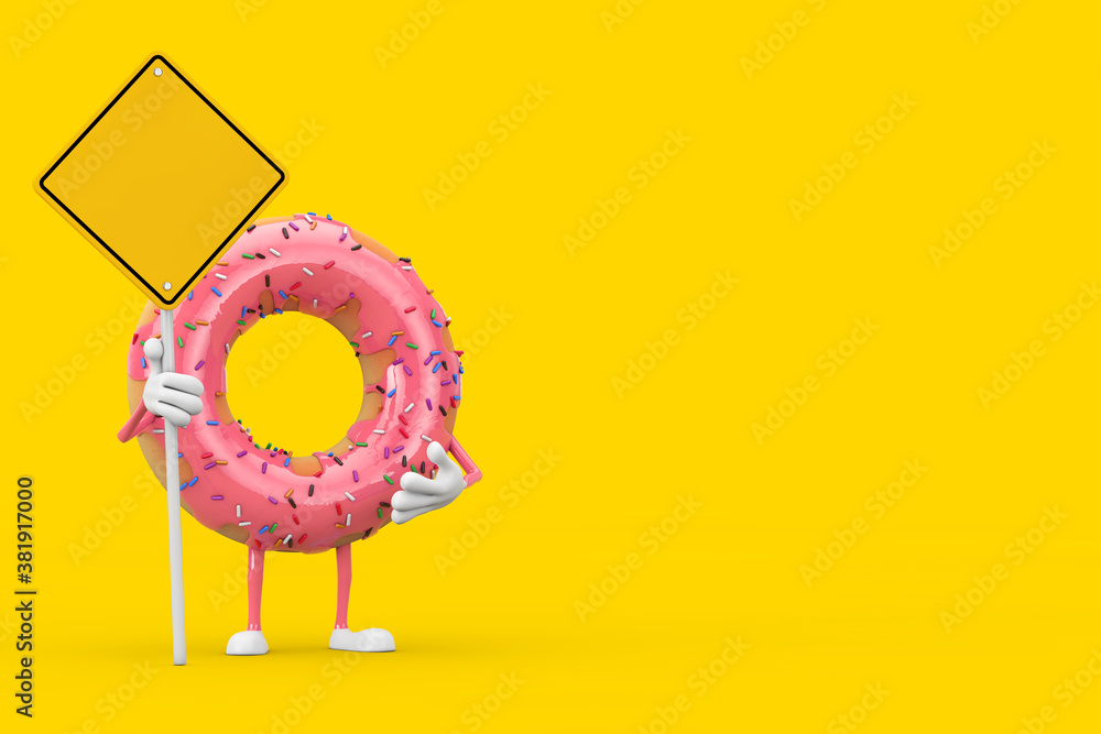 Aufkleber big strawberry pink glazed donut character mascot with yellow road sign with free space for yours de