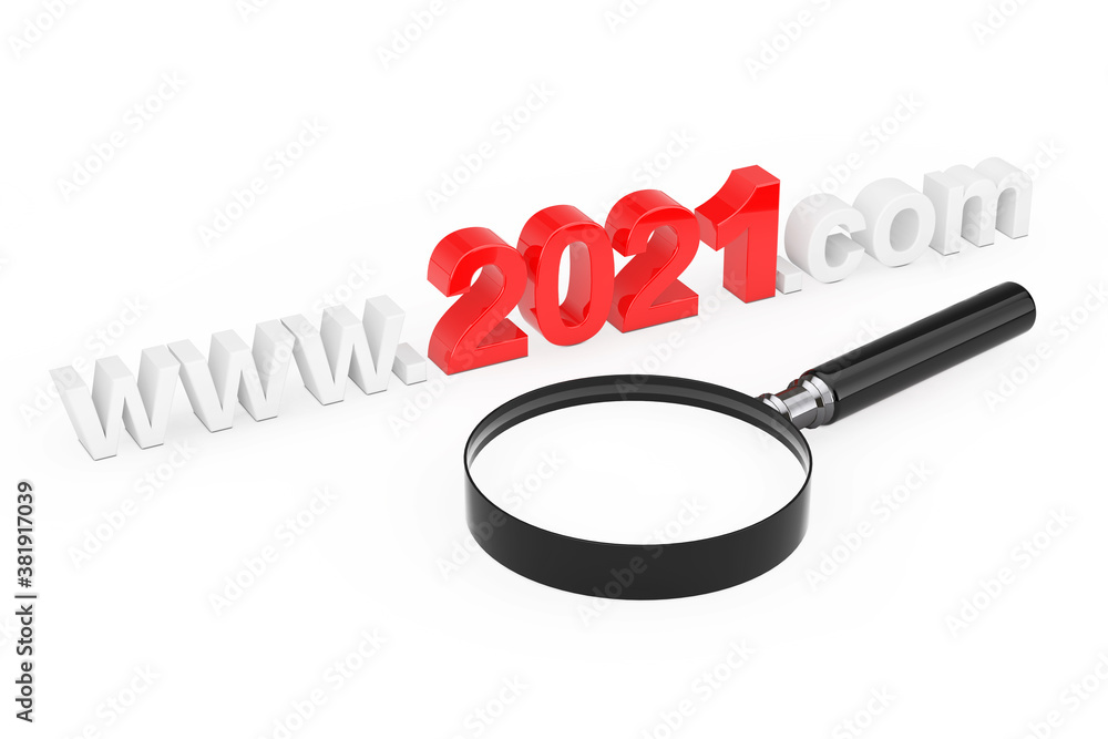 Poster 2021 New Year Concept. WWW 2021 Com Site Name with Magnifying Glass. 3d Rendering