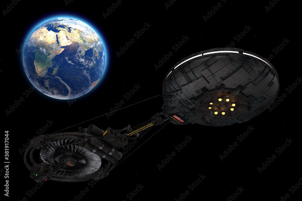 Poster Spaceship, Space Station or Alien UFO Spacecraft in Flight Orbiting Earth. Elements of this image furnished by NASA. 3d Rendering