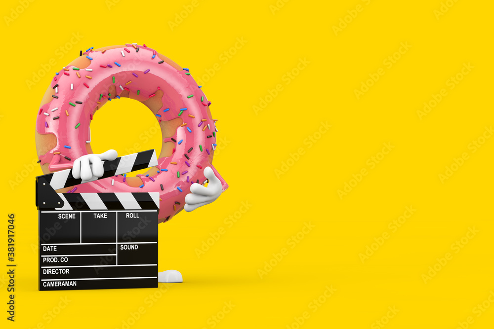 Poster big strawberry pink glazed donut character mascot with movie clapper board. 3d rendering