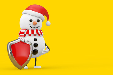 Snowman in Santa Claus Hat Character Mascot with Red Metal Protection Shield. 3d Rendering