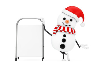 Snowman in Santa Claus Hat Character Mascot with White Blank Advertising Promotion Stand. 3d Rendering