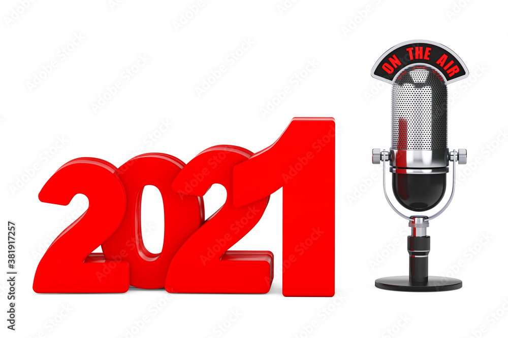 Poster 2021 new year concept. red 2021 new year sign with microphone and on the air sign. 3d rendering