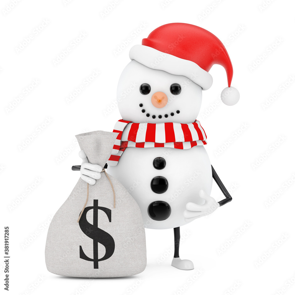 Poster snowman in santa claus hat character mascot with tied rustic canvas linen money sack or money bag wi