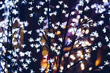 Garlands with defocused lights on winter tree outdoor in the night time. Abstract holiday decoration. Festive christmas background.