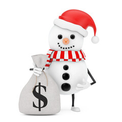 Snowman in Santa Claus Hat Character Mascot with Tied Rustic Canvas Linen Money Sack or Money Bag with Dollar Sign. 3d Rendering