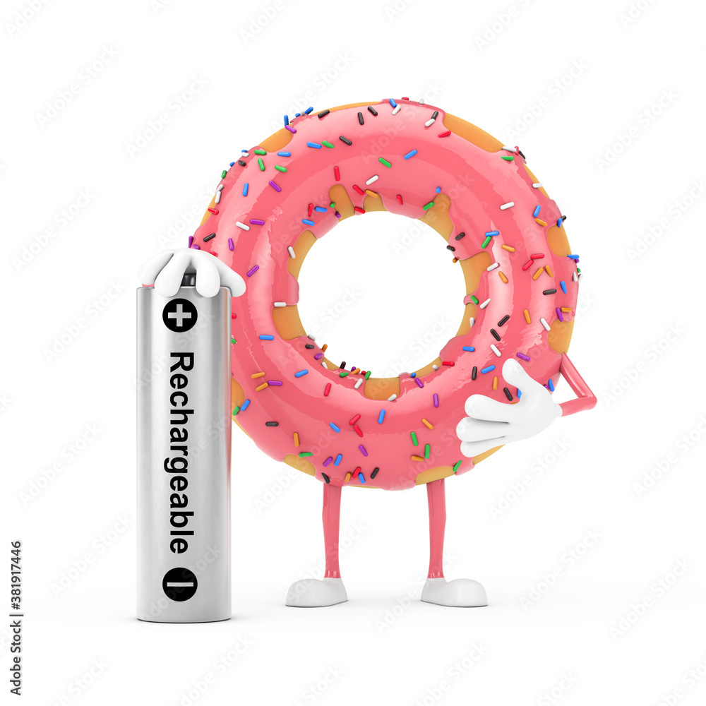 Aufkleber big strawberry pink glazed donut character mascot with rechargeable battery. 3d rendering