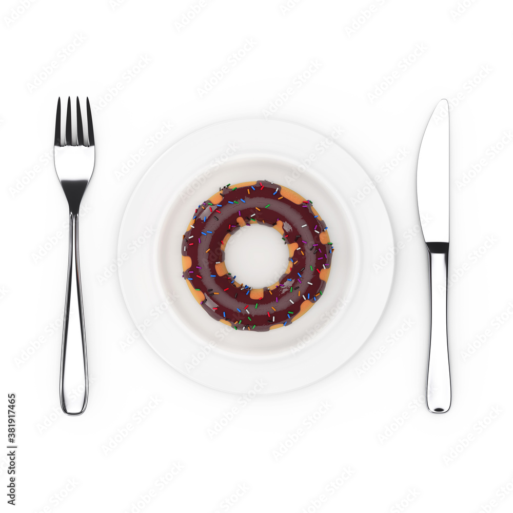 Aufkleber fork and knife near plate with big chocolate glazed donut with color sprinkles, top view. 3d renderi